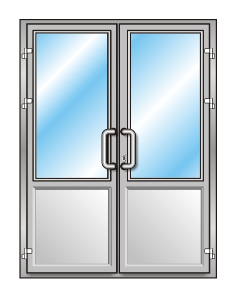 Алюминиевая дверь двухстворчатая со стеклом и перемычкой